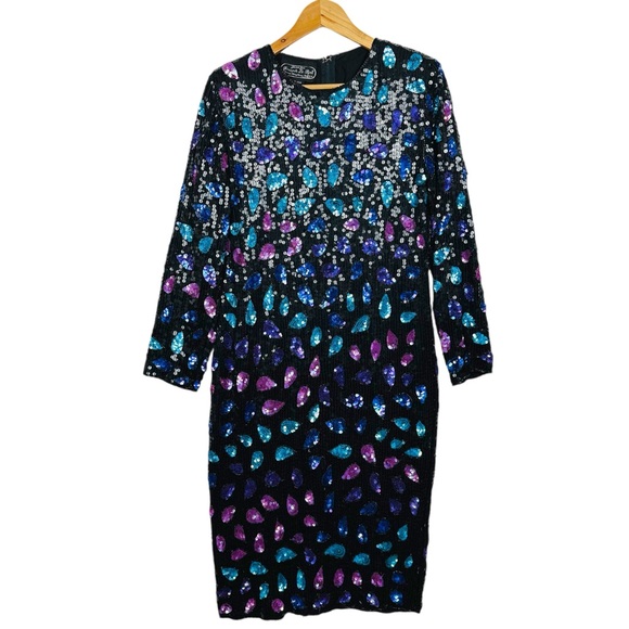 Joseph Le Bon Vintage 80s Abstract Silk Sequin Long Sleeve Slit Midi Dress M - Picture 6 of 13